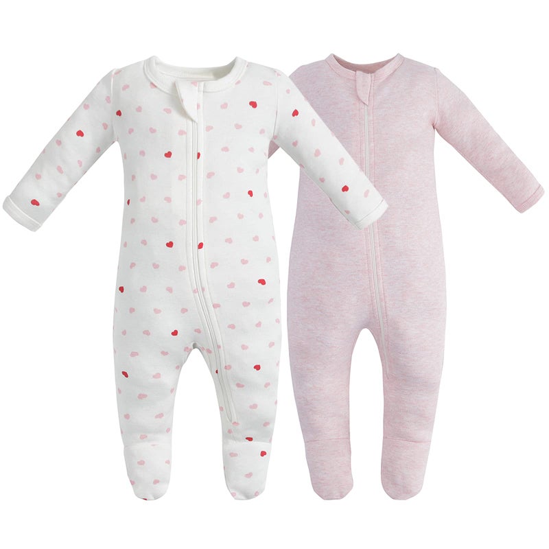 Owlivia Organic Cotton Baby Pajamas, Boys Girls 2-Pack Zip Front Sleep 'N Play, Footed Sleeper, Long Sleeve(0-3 Months, Pink Melange+Pink Heart) - Image 1